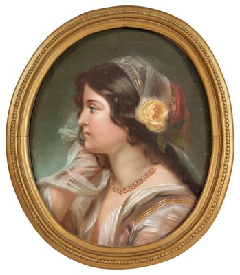 portrait of a lady with a flower in her hair in a gold frame