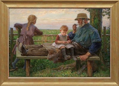 a painting of a family sitting on a bench