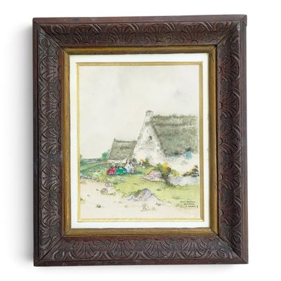 une vieille photo d'une maison dans un champ, avec une grange en arrière-plan