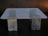 marble and glass coffee table with two square legs