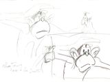 dessin représentant un singe et une vache dans un champ, avec un homme en arrière-plan