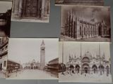 several old black and white photos of buildings and a clock tower