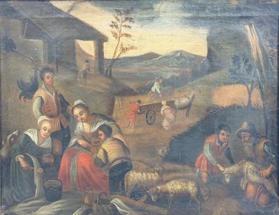 painting of a group of people in a field with sheep