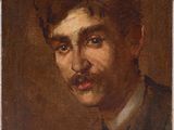 un tableau représentant un homme moustachu sur un fond marron