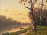 painting of a river scene with a boat in the distance