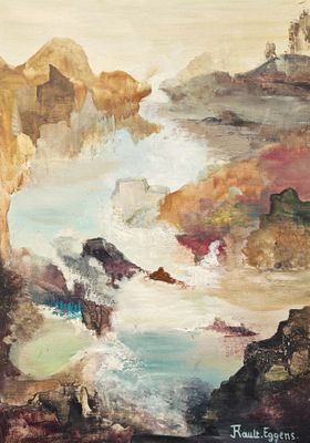une peinture à l'huile représentant une rivière qui traverse un paysage rocheux
