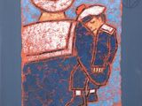 blue and orange drawing of a man in a sailor ' s outfit