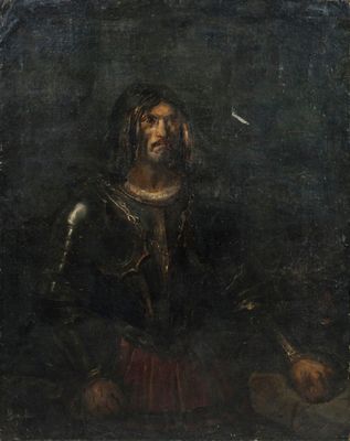 un tableau représentant un homme en armure tenant un couteau