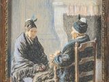 an old painting of two women sitting in a chair in front of a fireplace