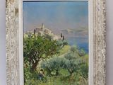 an oil painting of a view of a small town on a hill