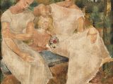 une image représentant un tableau où l'on voit trois femmes et un enfant assis sur un banc