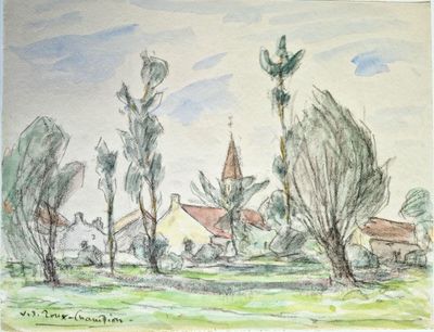 dessin représentant un paysage avec des arbres et une église au loin