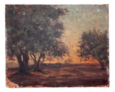 une image représentant un tableau montrant des arbres dans un champ au coucher du soleil
