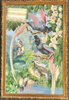a painting of birds that are sitting on a tree branch