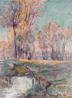 l'image d'une peinture représentant une rivière avec des arbres en arrière-plan