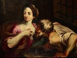 an image of a painting of a woman holding a dog in her lap