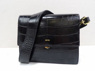 black croc embossed leather cross body bag with gold hardware