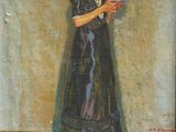 painting of a woman in a black dress holding a wine glass