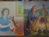 tableau représentant une femme tenant un chien et un chat devant un tableau représentant une femme et un chat