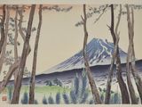 a picture of a painting of a mountain in the background