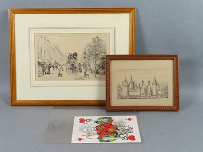 two framed pictures of a couple of people riding horses in a city