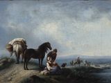 un tableau représentant un homme et une femme assis sur une colline, à côté d'un cheval