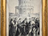 une peinture représentant un groupe de personnes devant un bâtiment