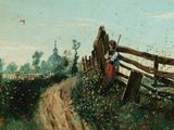 painting of a country road with a fence and a woman in a red dress