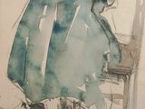 painting of a woman sitting on a chair in a blue dress