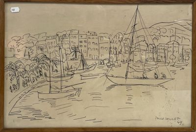 dessin représentant un voilier dans un port, avec une ville en arrière-plan