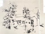 a black and white drawing of a church with a clock tower