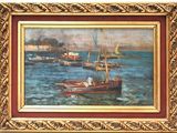 an oil painting of boats in a harbor with a gold frame