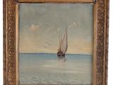 an oil painting of a sailboat in the ocean with birds flying by