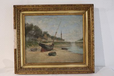 une image d'un tableau représentant un bateau sur la plage