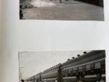 two black and white photos of people boarding a train