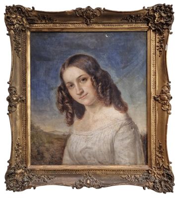 portrait of a woman in a white dress in a gold frame