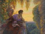 a painting of a woman sitting on a bench in a garden