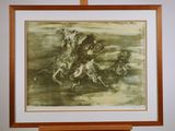 painting of a group of horses running in a field with a man on horseback in the background