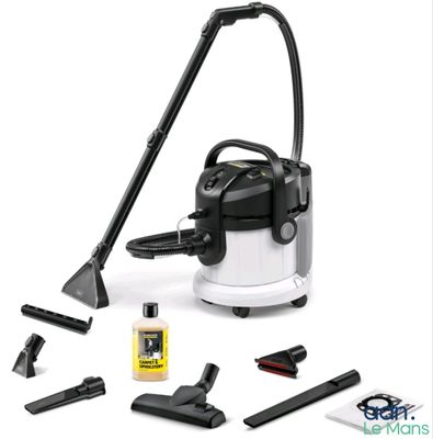 un aspirateur noir et blanc avec des accessoires de nettoyage sur fond blanc