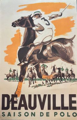 affiche vintage représentant un joueur de polo à cheval, avec un club de polo en arrière-plan