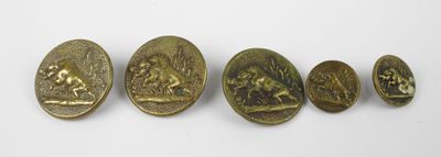 six antique brass buttons with images of people and animals