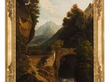 a painting of a mountain landscape with a bridge and a stream