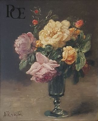 une peinture de fleurs dans un vase en verre sur une table