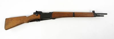 a wooden rifle with a black handle and a wooden barrel