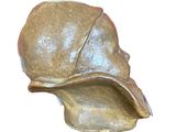 a bronze statue of a woman ' s head with a hat on it