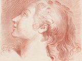 un dessin représentant la tête d'une femme de profil, les yeux fermés
