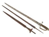 two old swords with wooden handles on a white surface