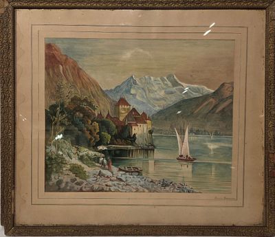 une image représentant un tableau d'un lac avec un château en arrière-plan
