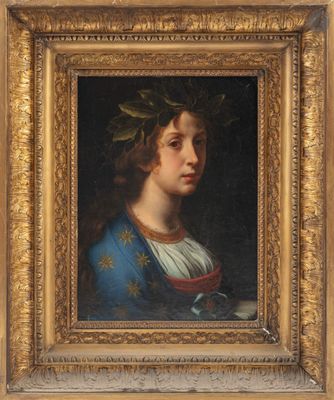 un tableau représentant une femme en robe bleue, avec une couronne sur la tête