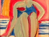un tableau représentant une femme en maillot de bain assise sur une plage
